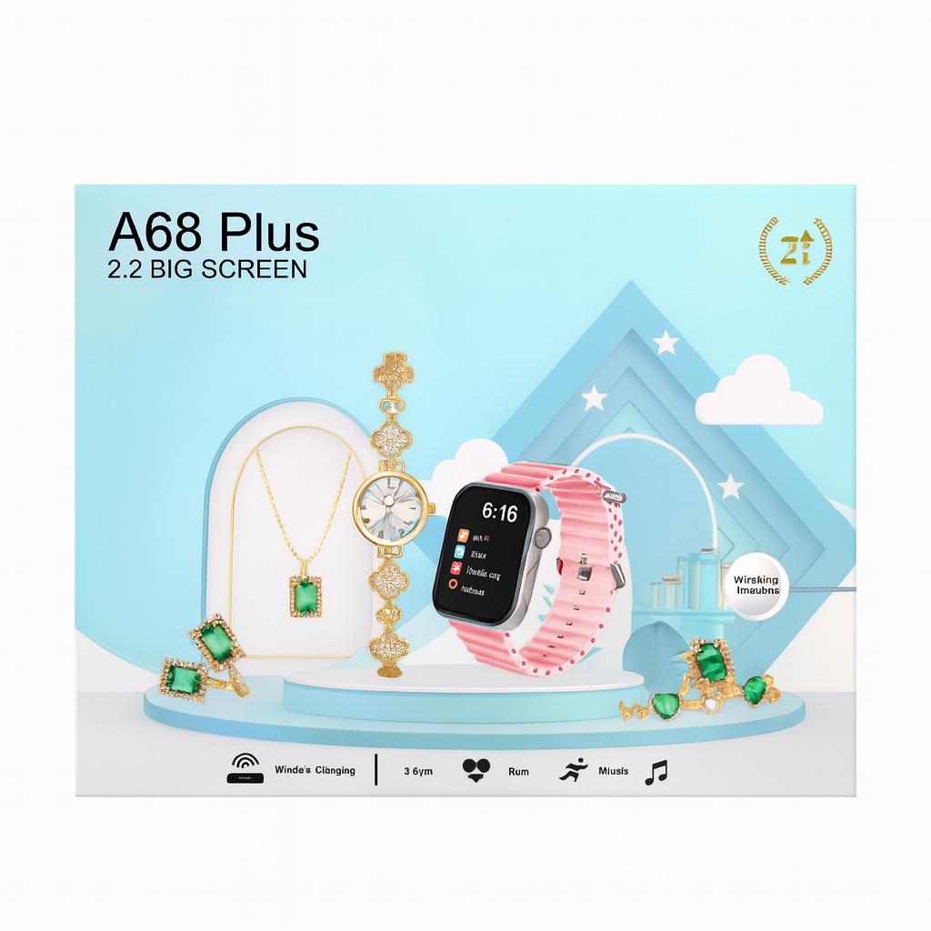 A68 PLUS ÉDITION LUXE – Montre Connectée 2.2" + Coffret Bijoux Dorés & 3 Bracelets Interchangeables | Élégance, Innovation & Raffinement