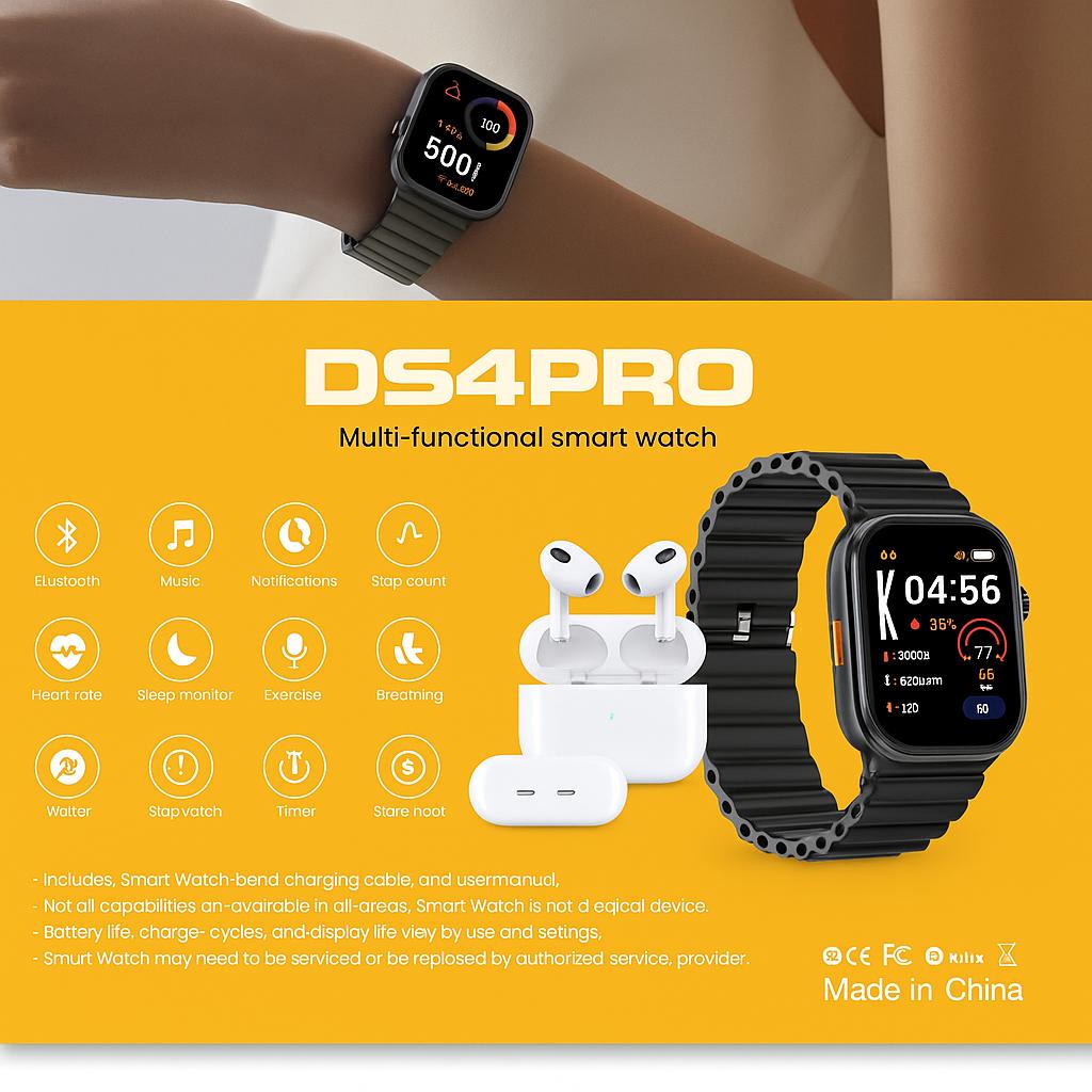 DS4PRO – Pack Smartwatch 4-en-1 : Montre HD Grand Écran + Écouteurs True Wireless + 4 Bracelets Interchangeables
