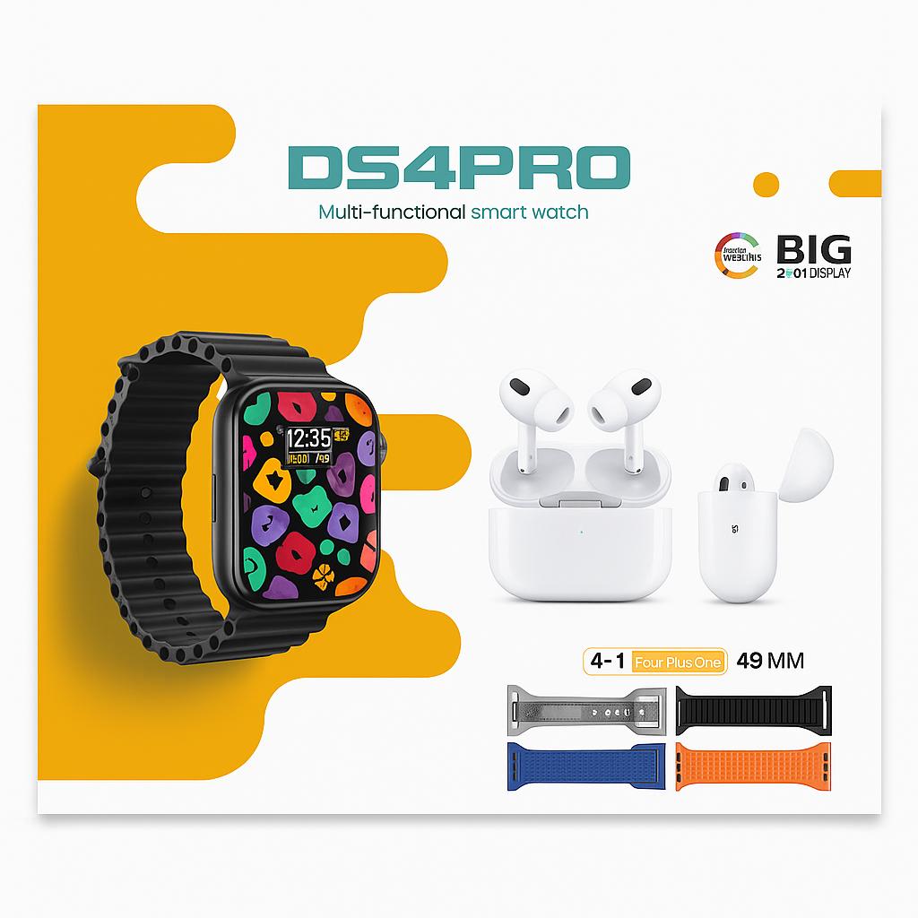 DS4PRO – Pack Smartwatch 4-en-1 : Montre HD Grand Écran + Écouteurs True Wireless + 4 Bracelets Interchangeables