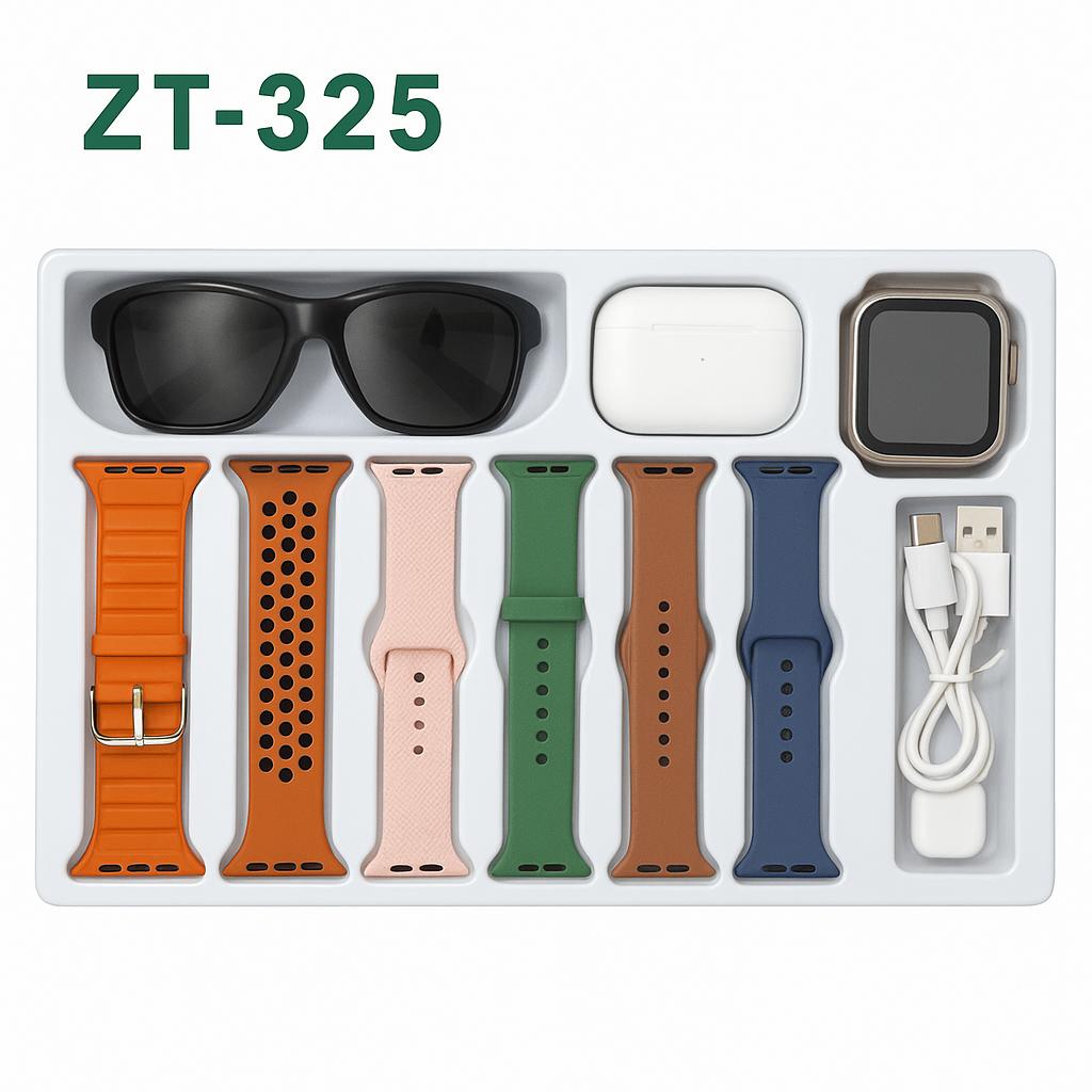 ZT-325 Pack Tech 7-en-1 : smartwatch, écouteurs Bluetooth, lunettes AI. L’ensemble ultime high-tech pour un style moderne et connecté.