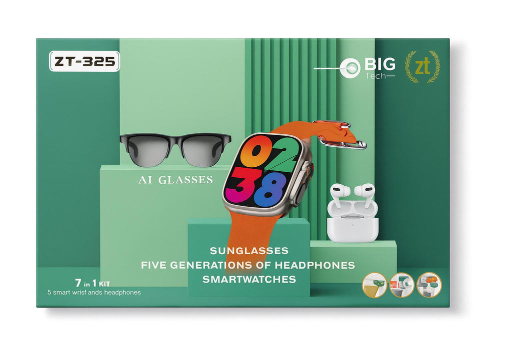 ZT-325 Pack Tech 7-en-1 : smartwatch, écouteurs Bluetooth, lunettes AI. L’ensemble ultime high-tech pour un style moderne et connecté.