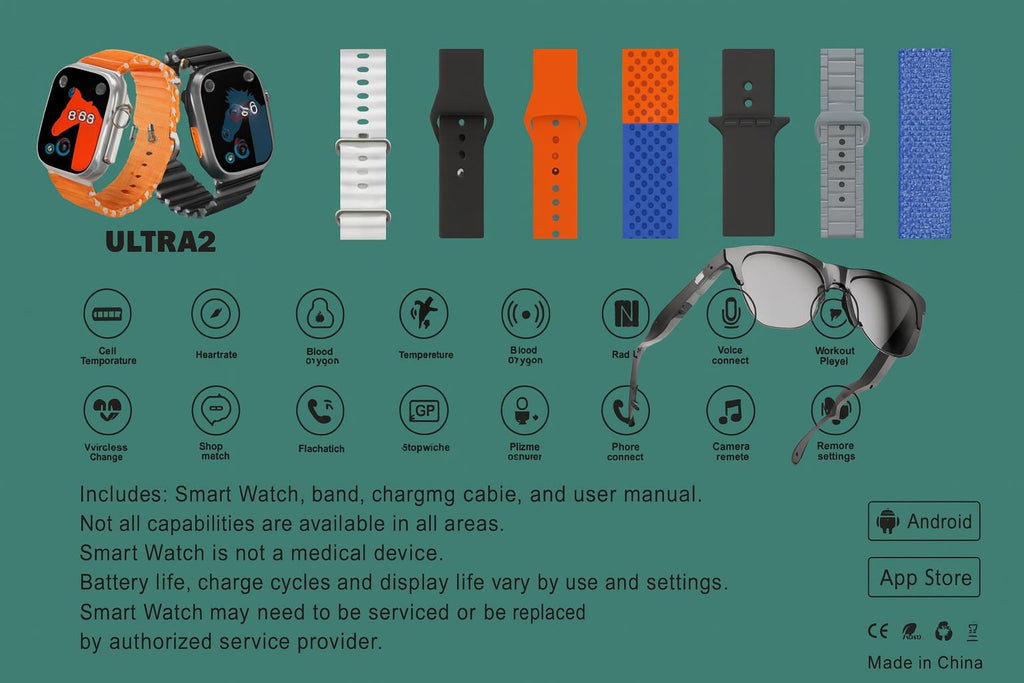 ZT-325 Pack Tech 7-en-1 : smartwatch, écouteurs Bluetooth, lunettes AI. L’ensemble ultime high-tech pour un style moderne et connecté.