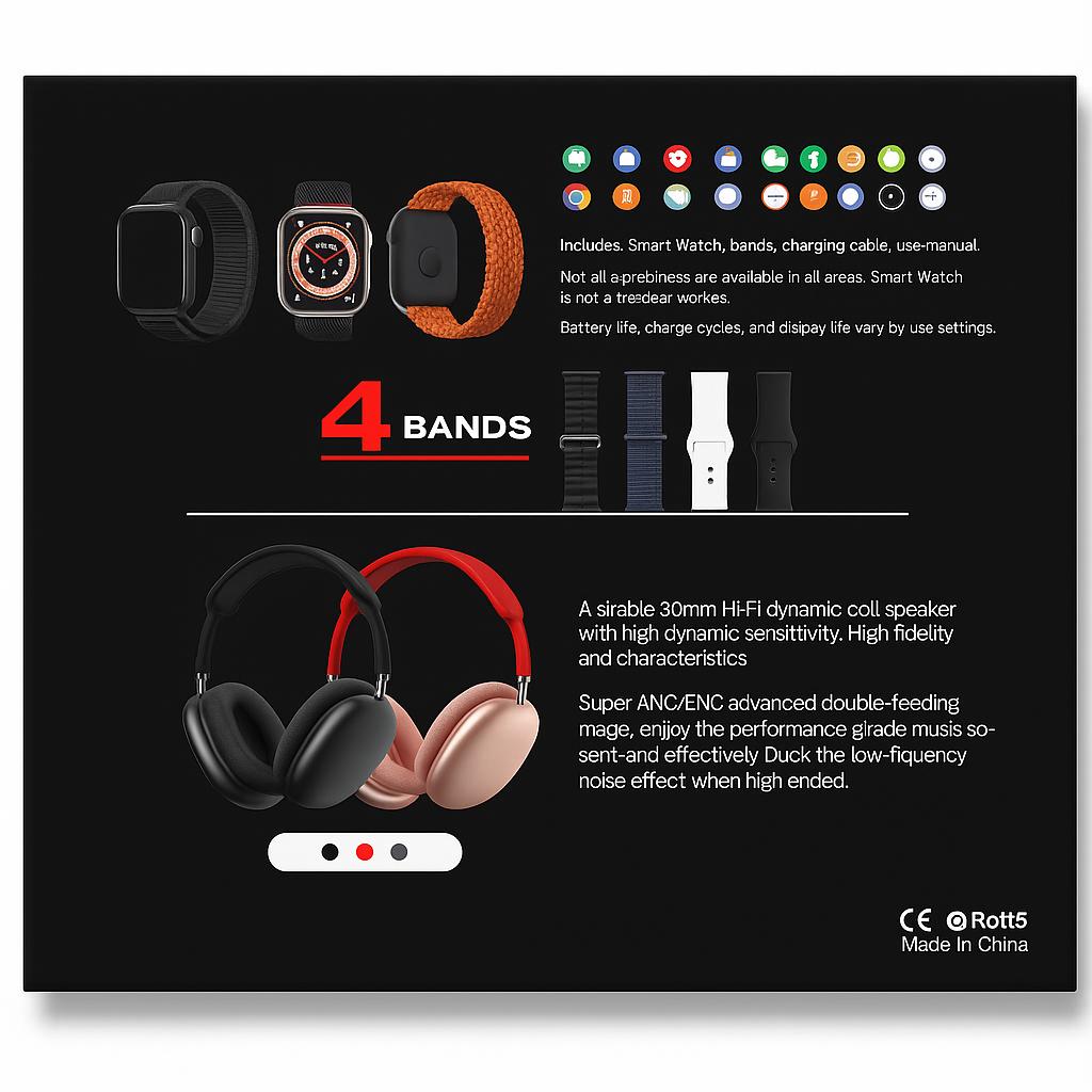 ZT-HP LUXE PACK – Montre AMOLED 2.2” + Casque Bluetooth Hi-Fi ANC + 4 Bracelets Interchangeables | Élégance, puissance et liberté.