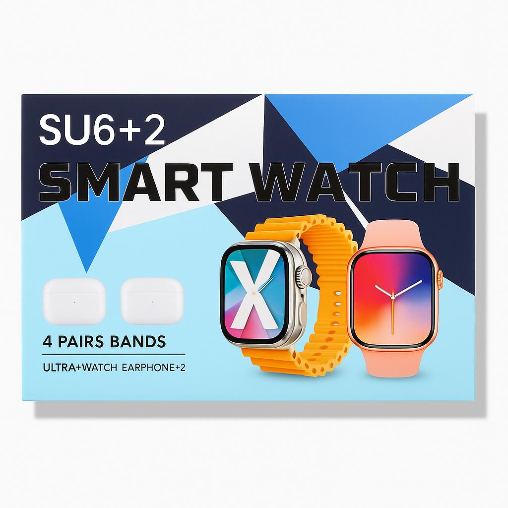 SU6+2 ULTIMATE PACK – 2 Montres Connectées + 2 Écouteurs Bluetooth + 4 Bracelets Interchangeables | Le Coffret 6-en-1 du Style et de la Liberté
