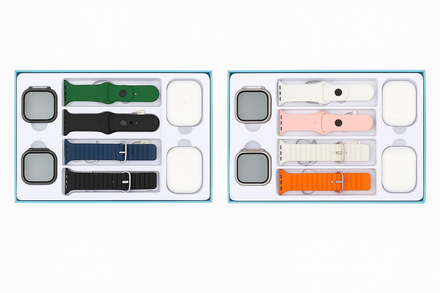 SU6+2 ULTIMATE PACK – 2 Montres Connectées + 2 Écouteurs Bluetooth + 4 Bracelets Interchangeables | Le Coffret 6-en-1 du Style et de la Liberté