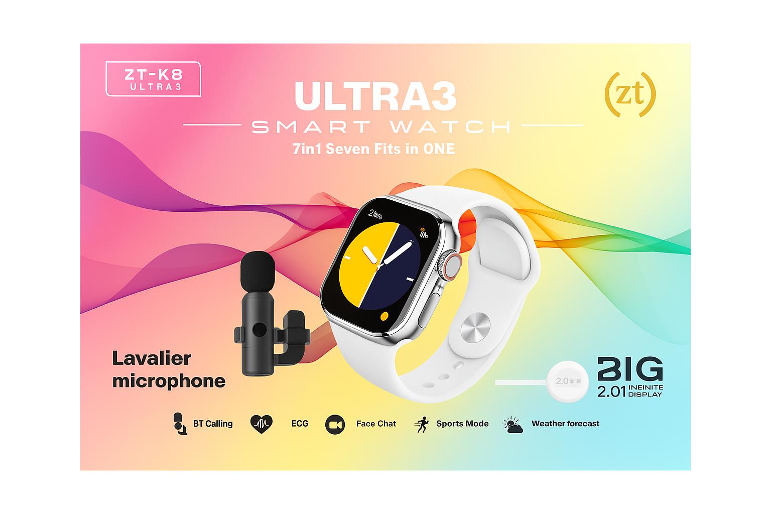 ZT-K8 ULTRA3 – Montre Connectée 7-en-1 : Écran XXL 2.01” + Micro Cravate Sans Fil + 8 Bracelets Interchangeables | Le pack ultime pour vivre, créer et performer.