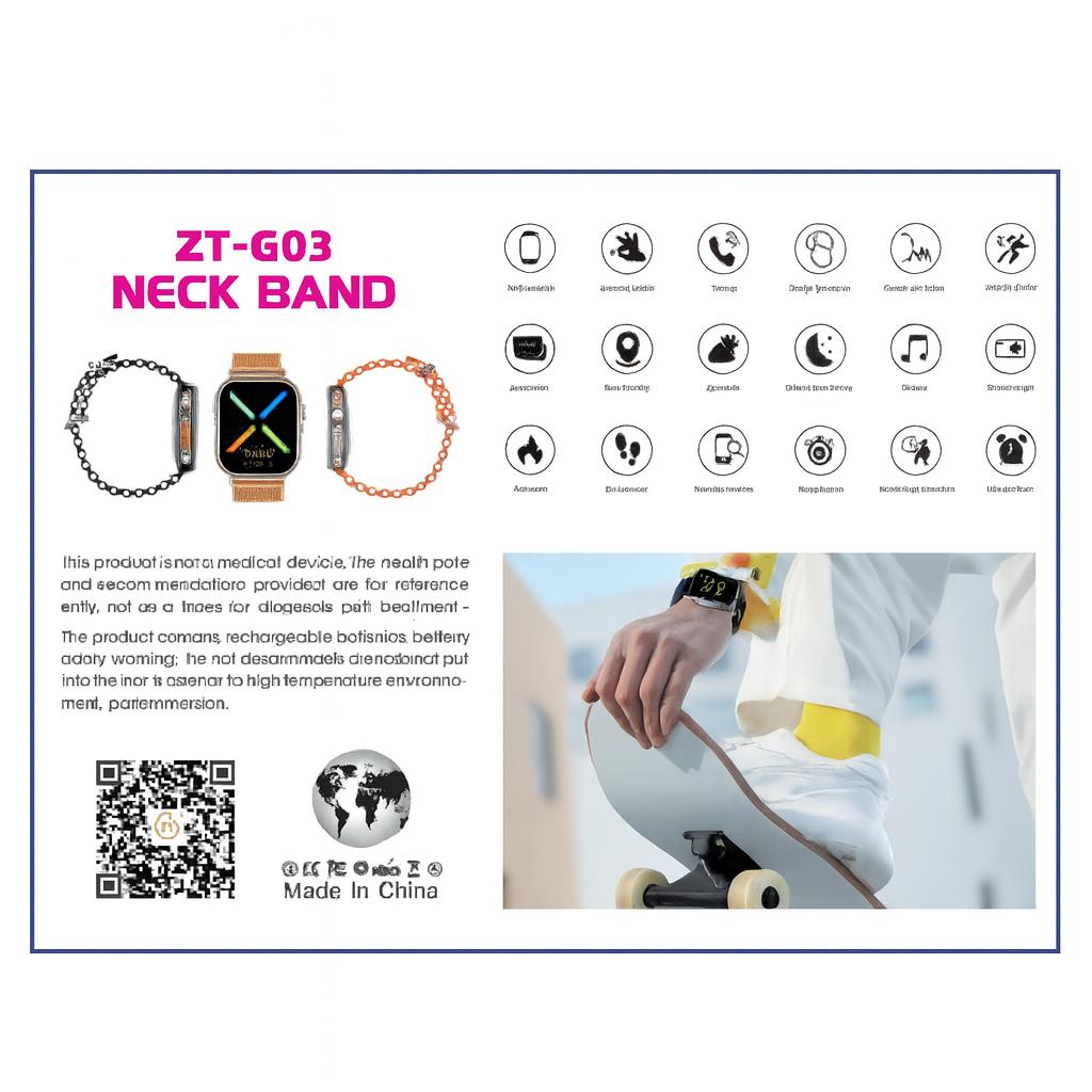 ZT-603 Ultra3 – Pack Smartwatch 2.2" + Écouteurs Bluetooth Neckband + 4 Bracelets Interchangeables | L’innovation au poignet et dans tes oreilles